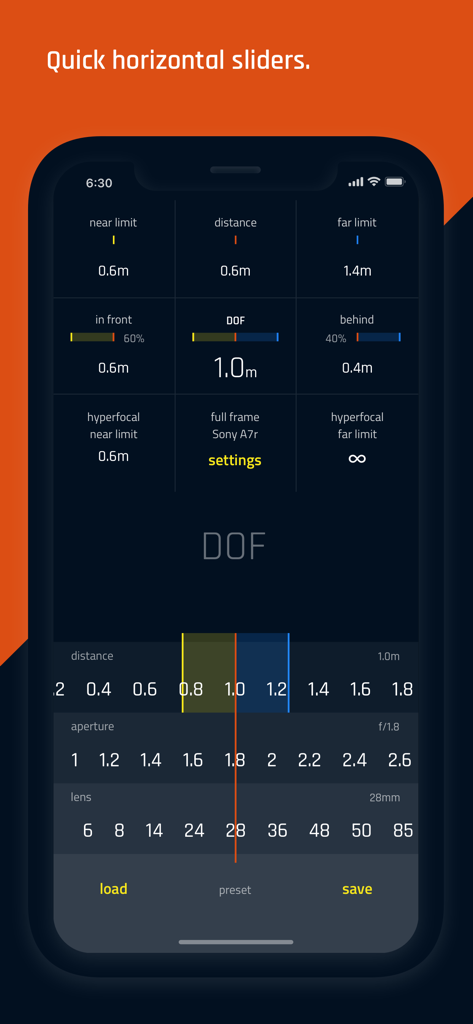 DOF Pro - Interfaz de la aplicación DOF Pro que muestra configuraciones técnicas de fotografía y deslizadores horizontales para operación con una mano.
