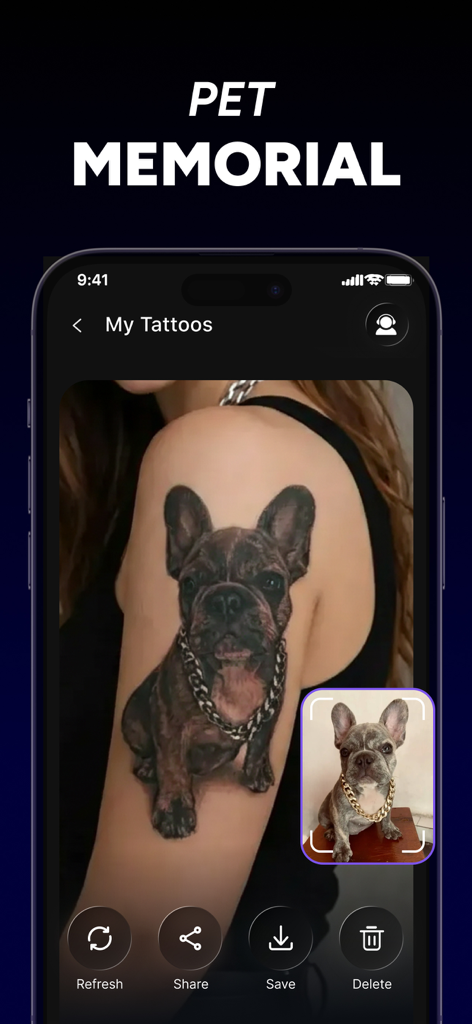 肩にAI生成されたフレンチブルドッグのペットメモリアルタトゥープレビュー