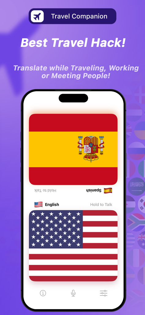 AirTranslator AirPod Translate - AirTranslator mobile app interface for English and Spanish voice translation