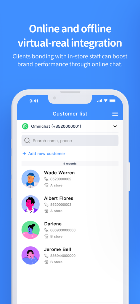 Omnichat - Tela do aplicativo móvel Omnichat exibindo uma lista de perfis de clientes e afiliações de lojas para comércio de chat.