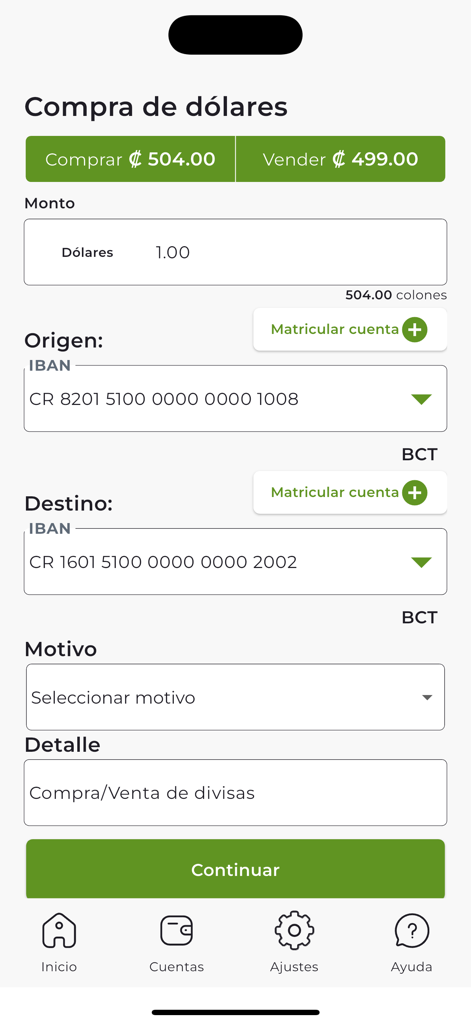Interface of FLEX BCT app showing the screen for buying US dollars with Costa Rican colones including exchange rates and IBAN input fields