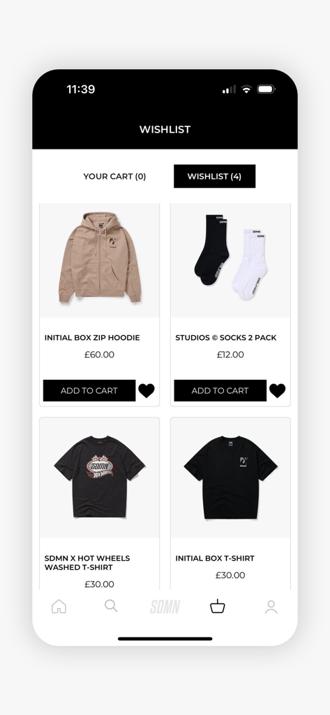 The wishlist screen of the Sidemen Clothing app displaying streetwear items like hoodies and t-shirts with their prices.