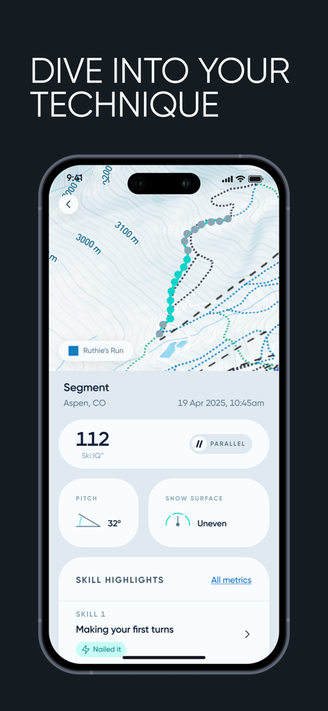 A screenshot of the Carv app showing a ski run analysis with Ski IQ and terrain metrics