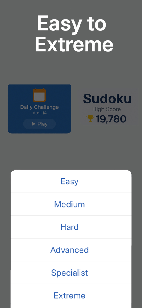 Sudoku Classic Offline Puzzle - Menú del juego de Sudoku que muestra opciones de dificultad de fácil a extremo con un botón de desafío diario y puntuación alta.
