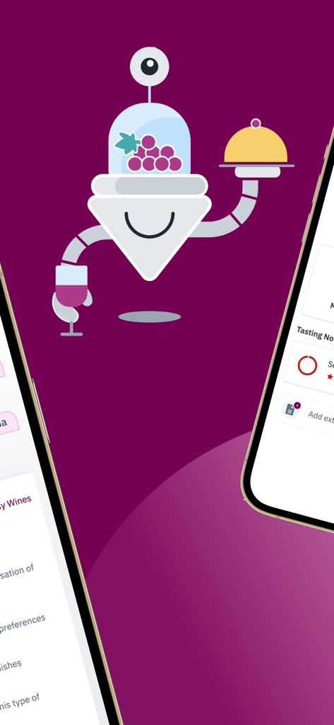 An illustration of the Vinnie wine assistant robot holding a wine glass and a food tray.