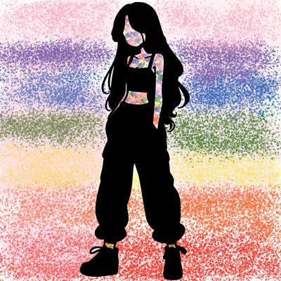 girl in baggy pants crop top and long hair