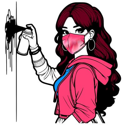 realistic girl with mask spray painting a wall