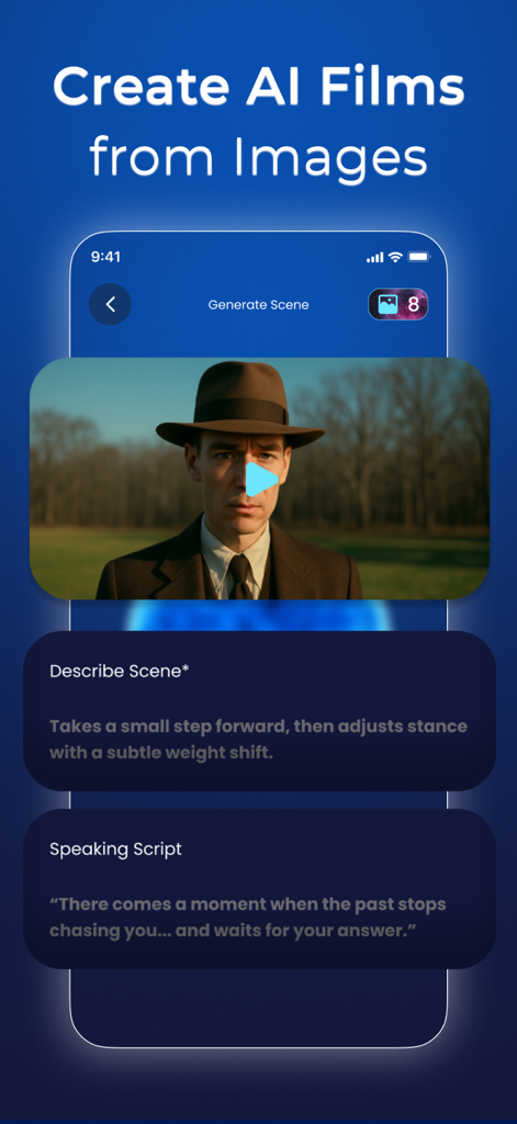 Rigel AI Film Generator - Rigel AI Film Generator app screen showing a cinematic scene generation from an image with a speaking script and motion description.