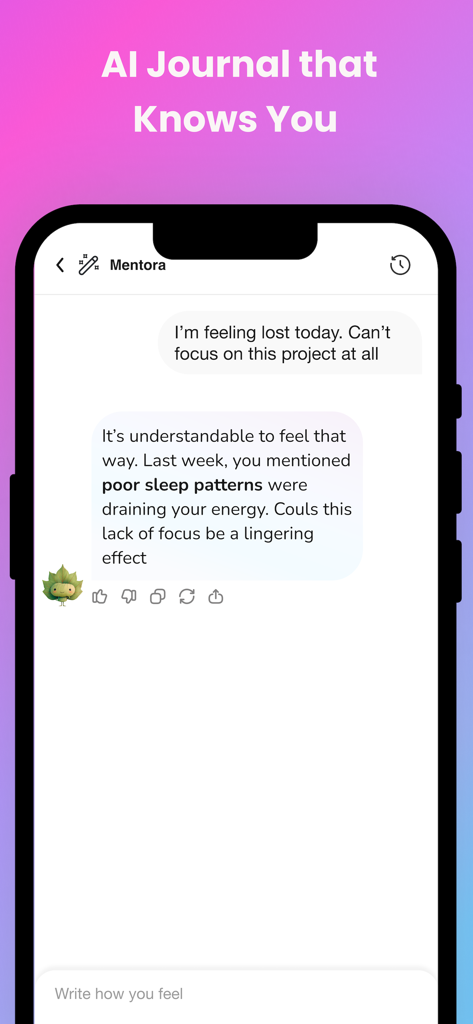 Felt – AI Journal Buddy - Uma conversa de chat com Mentora, a amiga de IA, no aplicativo Felt, fornecendo feedback personalizado sobre padrões de foco e sono.