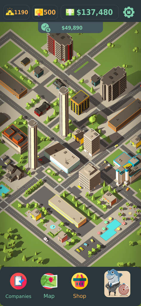 Bird's-eye view of a stylized city with skyscrapers and financial statistics in Stakeholder Stock Market Idle.