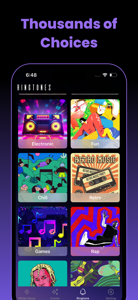 Una pantalla en la aplicación Offline que muestra categorías de tonos de llamada como 'electronic chill' y 'retro music'.