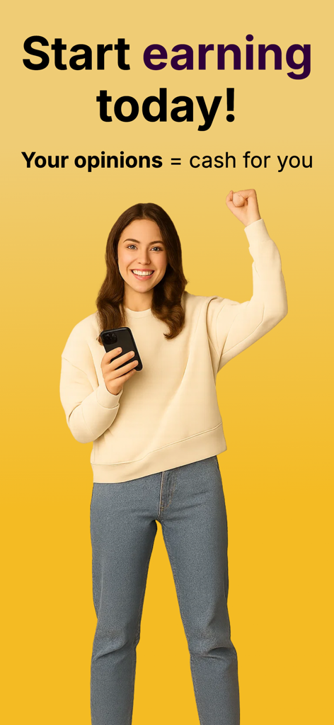 Una mujer feliz sosteniendo un smartphone y celebrando ganar dinero por sus opiniones en la aplicación Golden Surveys