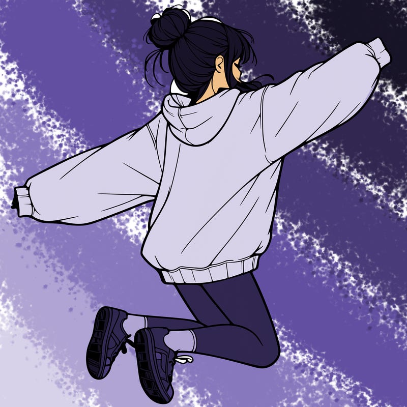 realistic girl jumping with a bun and oversized sweatshirt