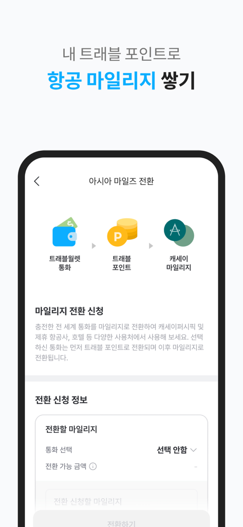 Oberfläche der Travel Wallet App, die zeigt, wie Punkte in Flugmeilen umgewandelt werden