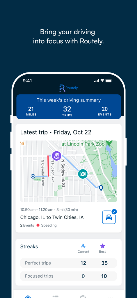 Routely℠ - A smartphone screen displaying the Routely app driving summary, a map of the latest trip, and driving performance streaks.