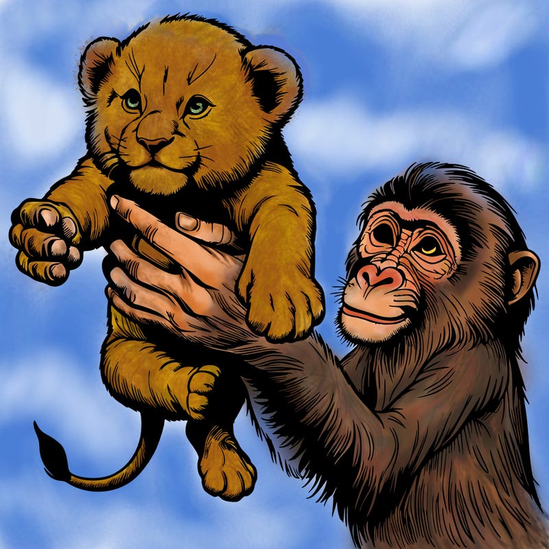 a  baby lion held over by the hands of a monkey realistic