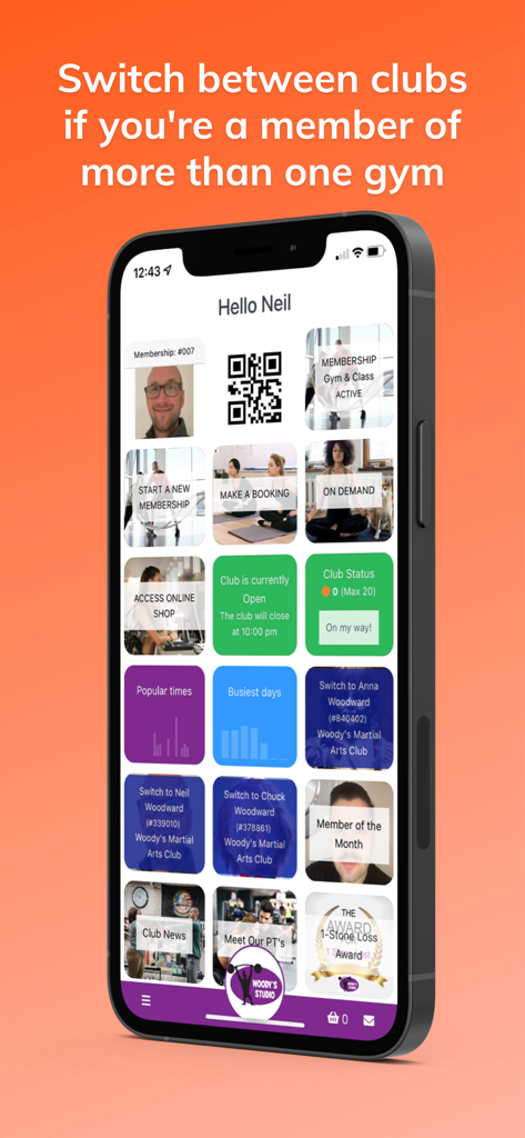 A mobile dashboard of the ClubRight app showing gym membership details and the ability to switch between clubs