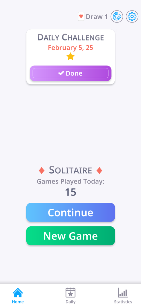 Main menu of the Solitaire Daily Patience app showing the daily challenge status and game navigation buttons