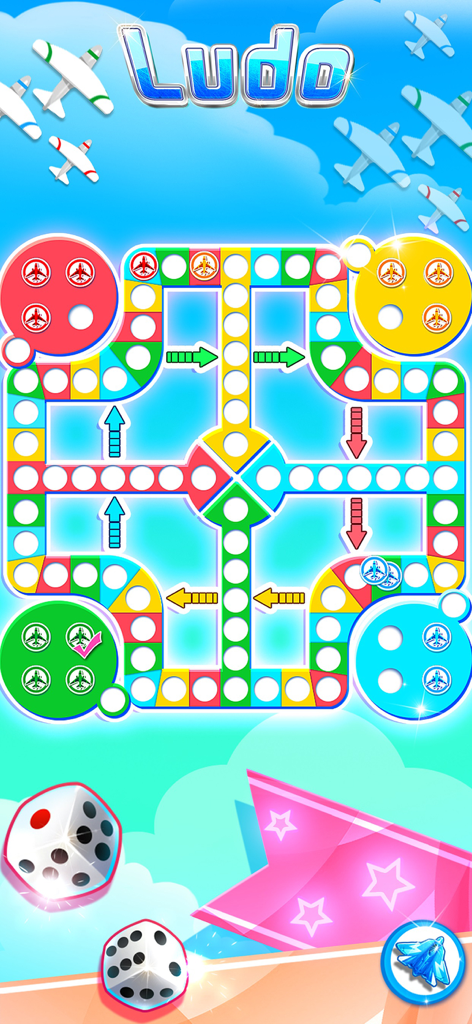 A colorful Ludo board game interface featuring aeroplane themed tokens and dice on a blue sky background.
