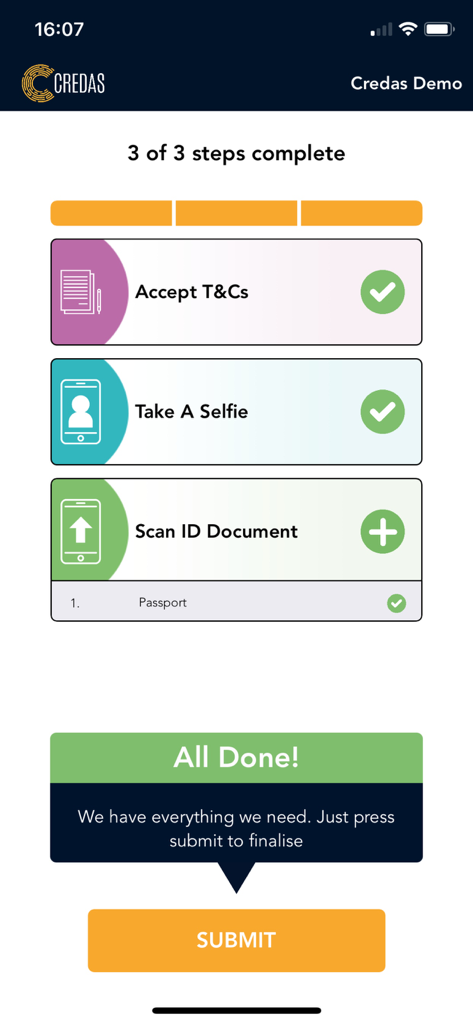 Credas - A mobile app screen showing three completed steps for identity verification with a final submit button.