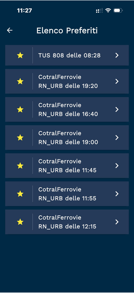 List of favorite transit routes and departure times in the Astral Infomobilita app.