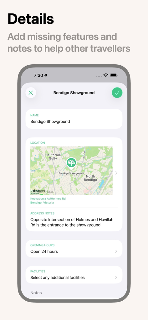 Caravan Helper - Interface of the Caravan Helper app showing detailed information for a caravan dump point including location map and address notes