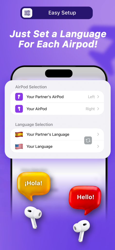 AirTranslator AirPod Translate - AirTranslator app interface showing the setup process for selecting languages for each individual AirPod