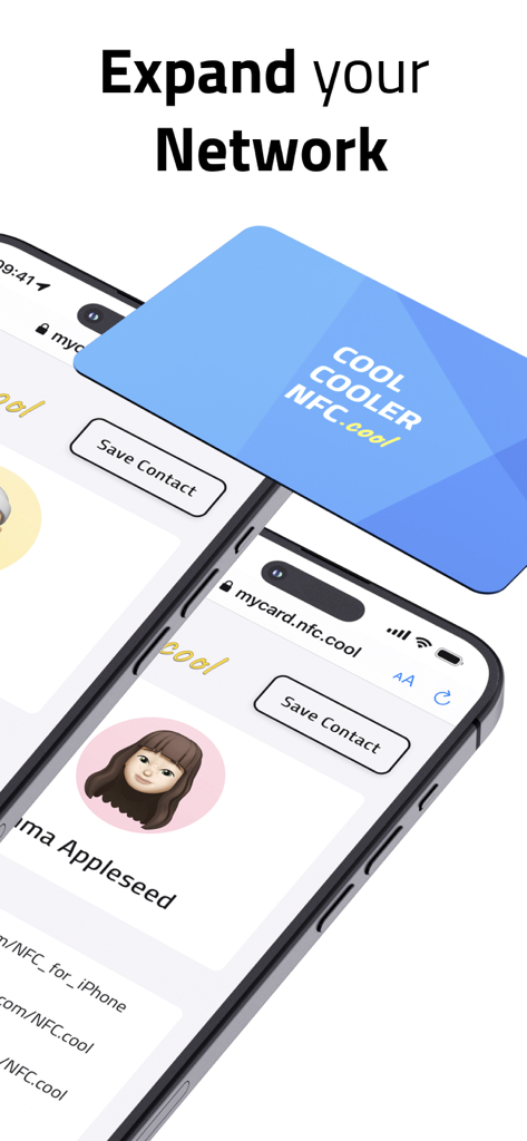 Expand your Network라는 텍스트가 있는 디지털 명함 프로필이 표시된 iPhone