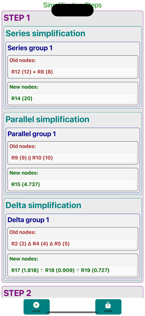 Interfaccia di semplificazione del circuito passo-passo che mostra calcoli di trasformazione serie-parallelo e delta.