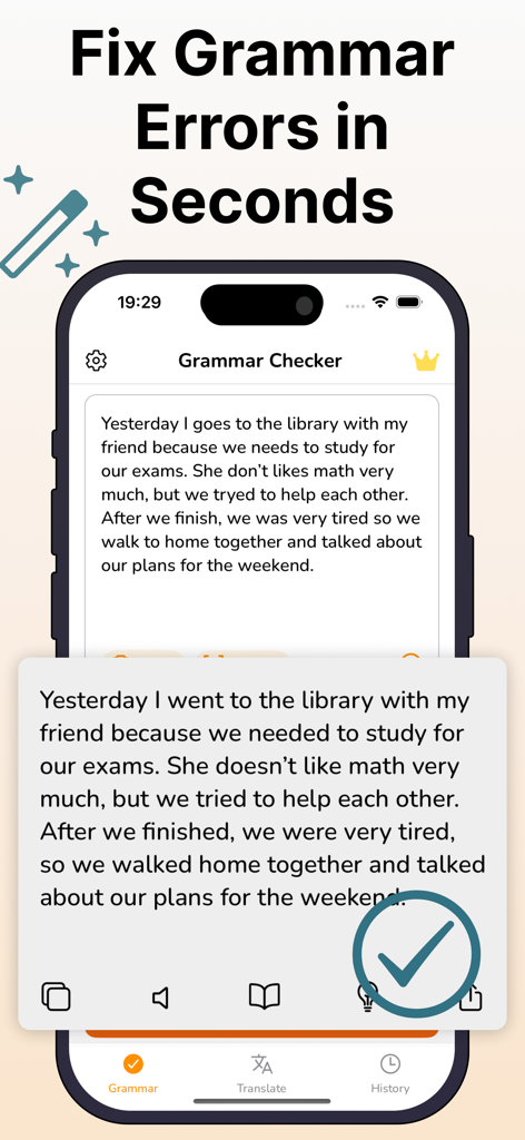 A mobile app interface showing a paragraph of text before and after grammar correction.