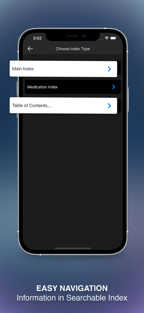 Mosby's Pocket Dictionary app navigation screen showing options for Main Index and Medication Index.