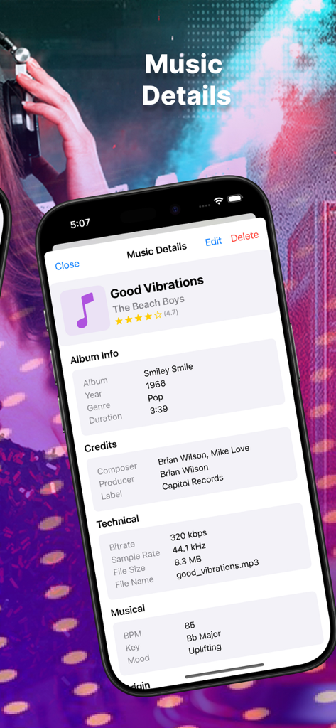 Interface mobile montrant les spécifications techniques et les métadonnées musicales pour une piste sonore.