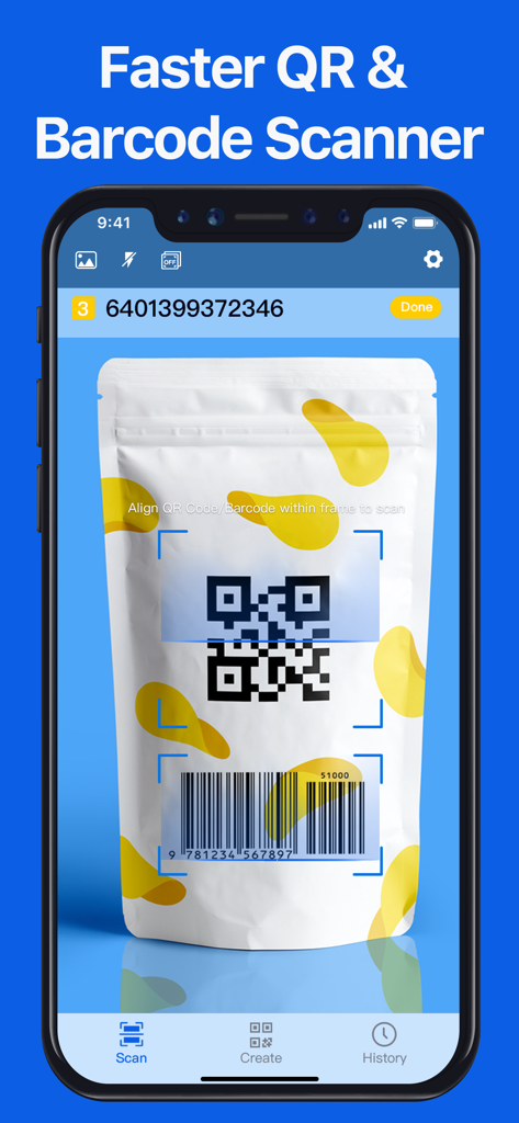 QR Code Reader - No Ads - Capture d'écran d'iPhone de l'interface de l'application Lecteur de codes QR scannant un code QR et un code-barres sur l'emballage d'un produit