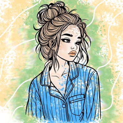 realistic woman with pajamas on and a messy bun