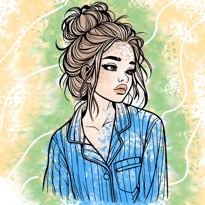 realistic woman with pajamas on and a messy bun