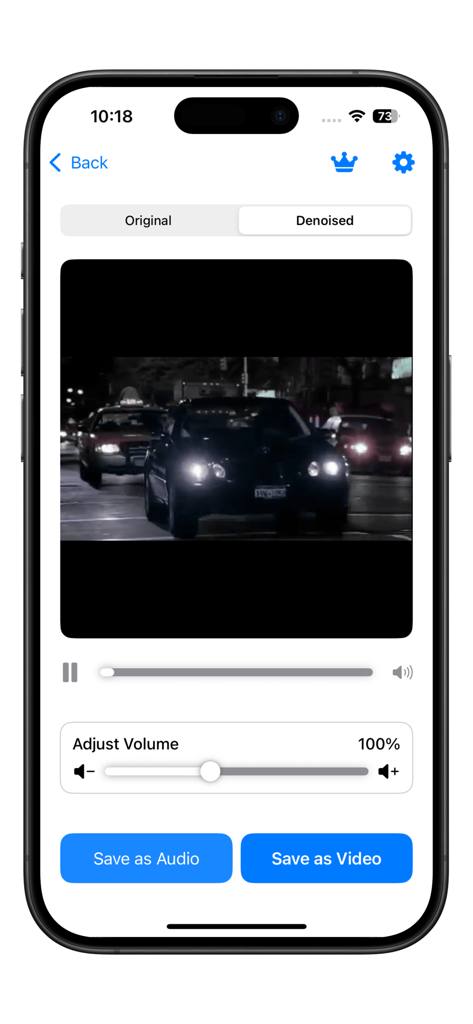 Voice Recorder AI Voice Memos - Interface of the Voice Recorder AI app showing a video being denoised with options to save as audio or video.