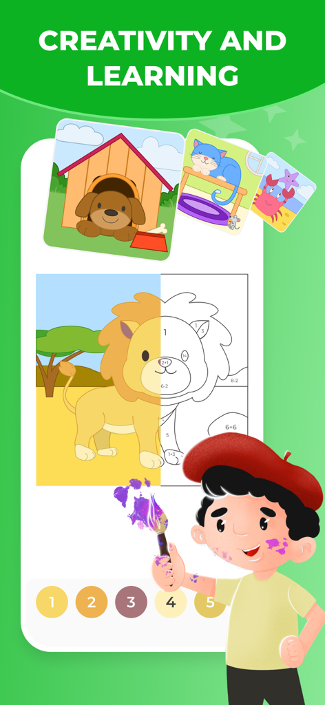Matsy Kids: Easy Math - Un personaje infantil coloreando un león resolviendo problemas matemáticos en la aplicación Matsy Kids