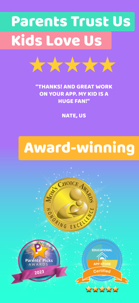 Premios de KidsBeeTV, incluyendo Mom's Choice y Parents' Picks, con un testimonio de usuario de 5 estrellas.