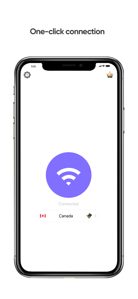 OutVPN app screen showing a successful one-tap connection to a server in Canada