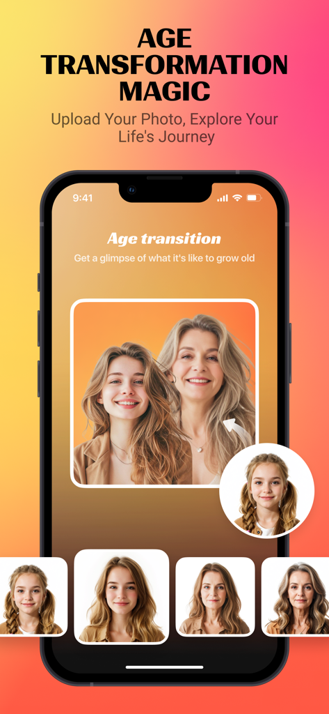 Bingo Album - storage cleaner - Age transformation feature in the Bingo Album app showing a woman at different life stages