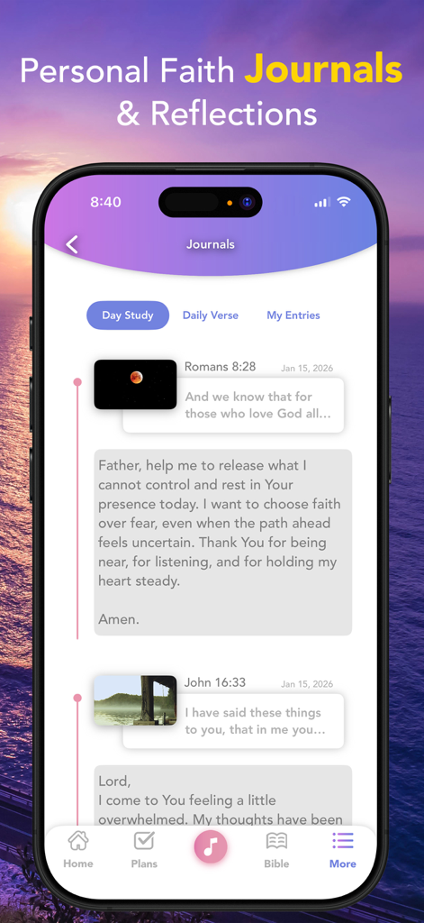 Personal faith journals and reflections screen in the Daily Devotional For Women app.