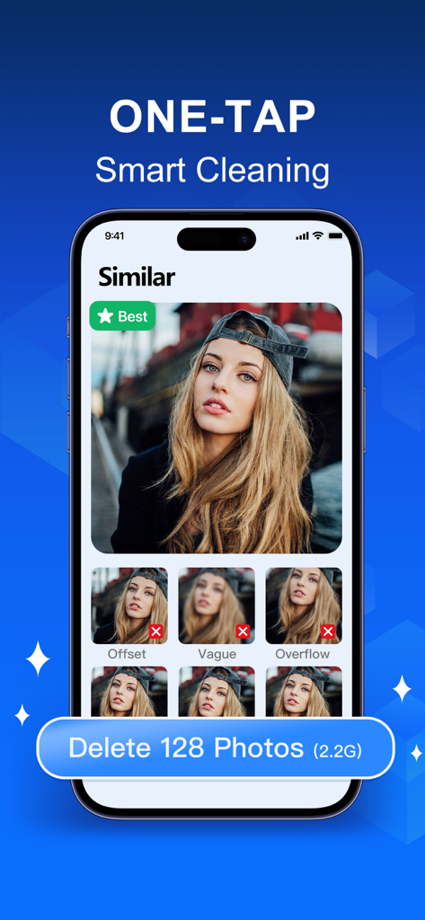 AI Cleaner: Storage Cleaner - La aplicación AI Cleaner muestra la detección de fotos similares y un botón de eliminación de un toque para liberar espacio de almacenamiento