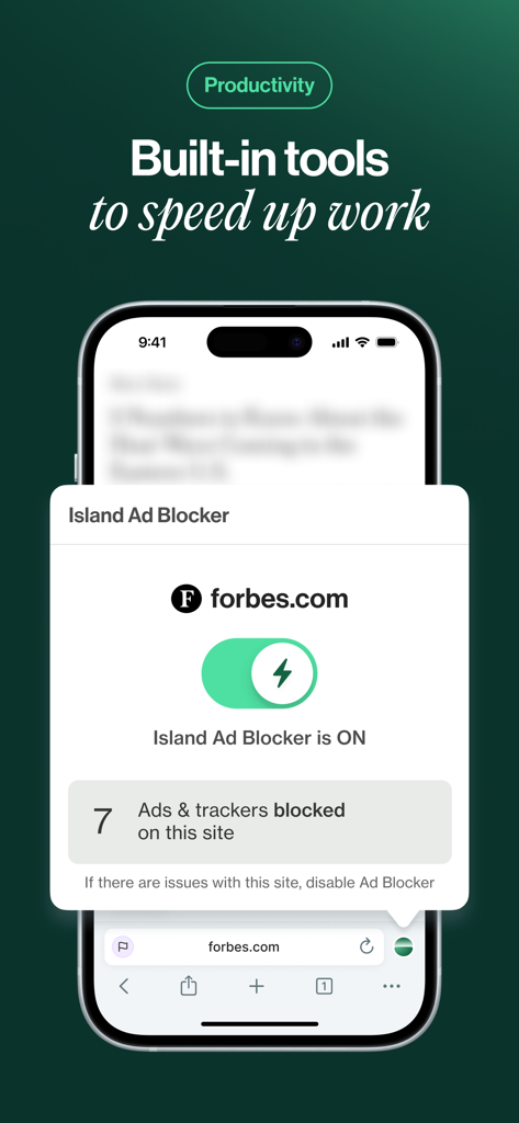Island Enterprise Browser interface showing a built-in ad blocker active on a website
