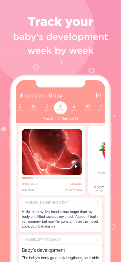 Pregnancy Tracker - BabyInside - Weekly baby development tracking screen in the BabyInside pregnancy app showing fetus growth at week 8