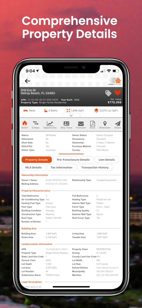 PropStream - Smartphone screen showing the PropStream app with comprehensive property details for a residential home