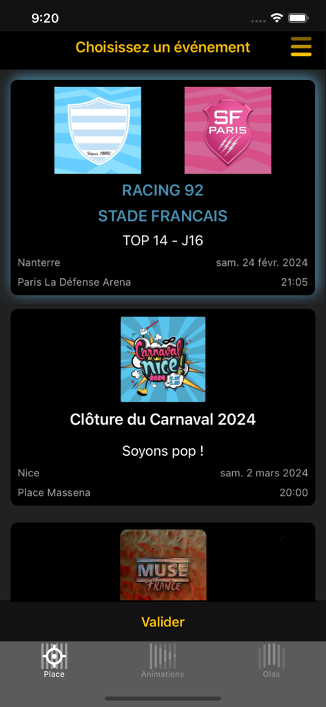 La pantalla de selección de eventos de la aplicación wePix arena con eventos deportivos y musicales.