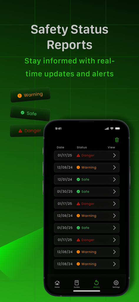 Interface of the Detection Monitor app showing a history of safety reports with danger warning and safe status labels