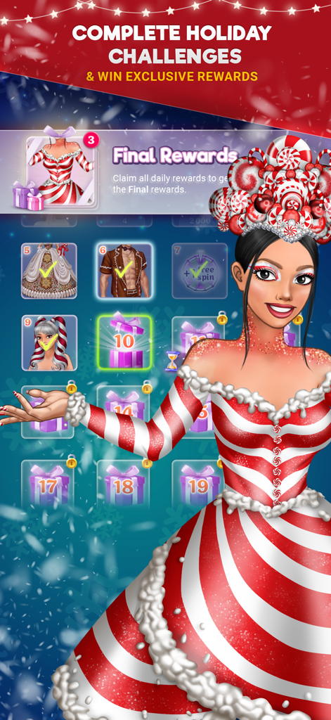 Lady Popular: Style Battle - Un personnage féminin vêtu d'une robe et d'une coiffe festives en forme de canne à sucre se tient à côté d'une grille de récompenses pour un défi de vacances dans l'application Lady Popular.