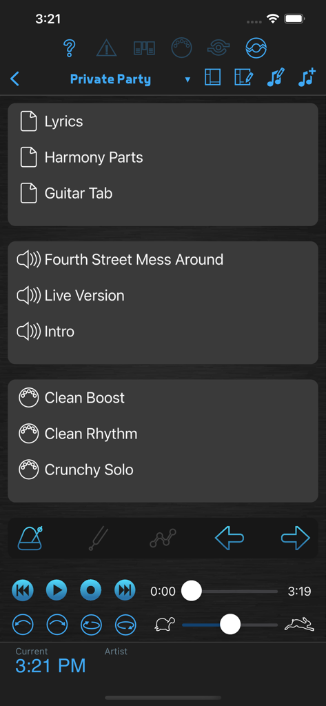 BandHelper - BandHelper app performance screen displaying lyrics, audio tracks, and MIDI presets for a live show.