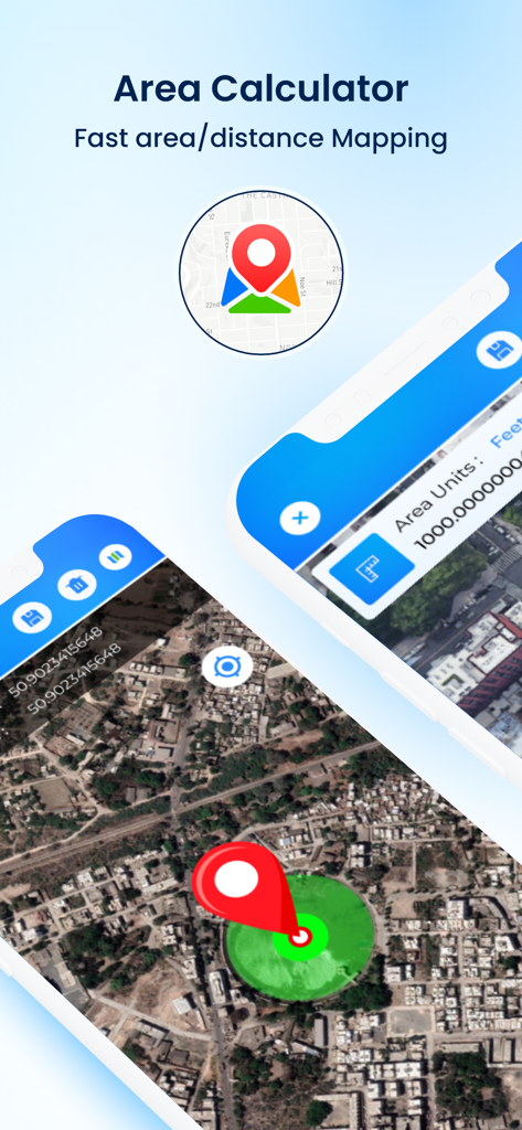 Area Calculator app interface showing fast land area and distance mapping on satellite maps